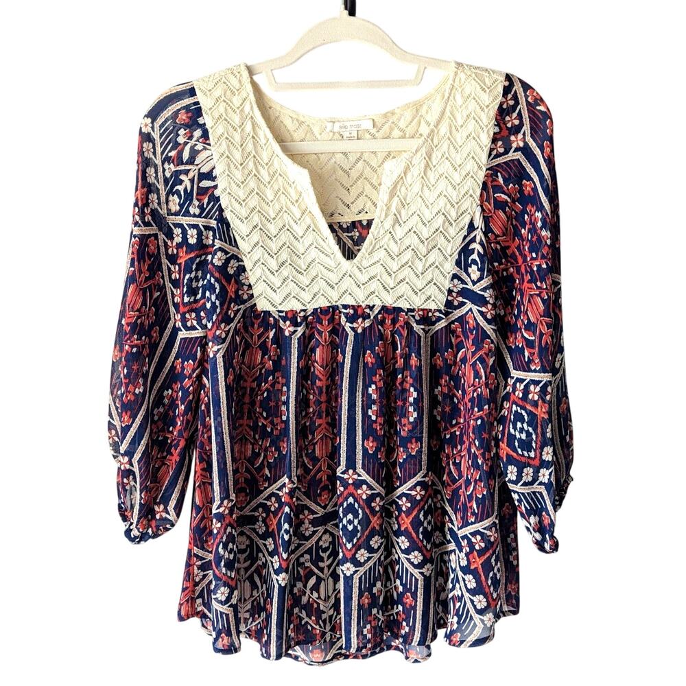 Anthropologie Ella Moss Flora Vista Silk Top Womens M Blouse Shirt Boho Crochet
